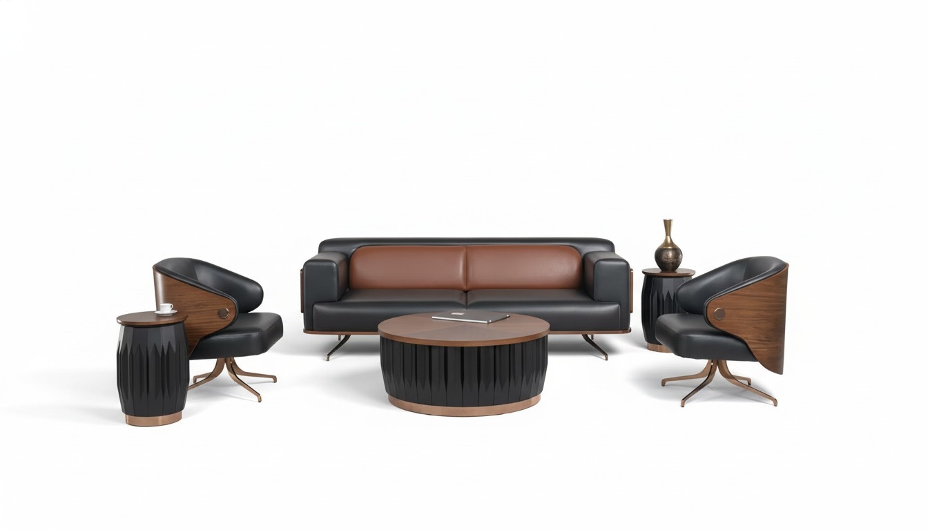 Complete Office Desk Leather Office Table Set 5-piece Wood Black Luxury Large New