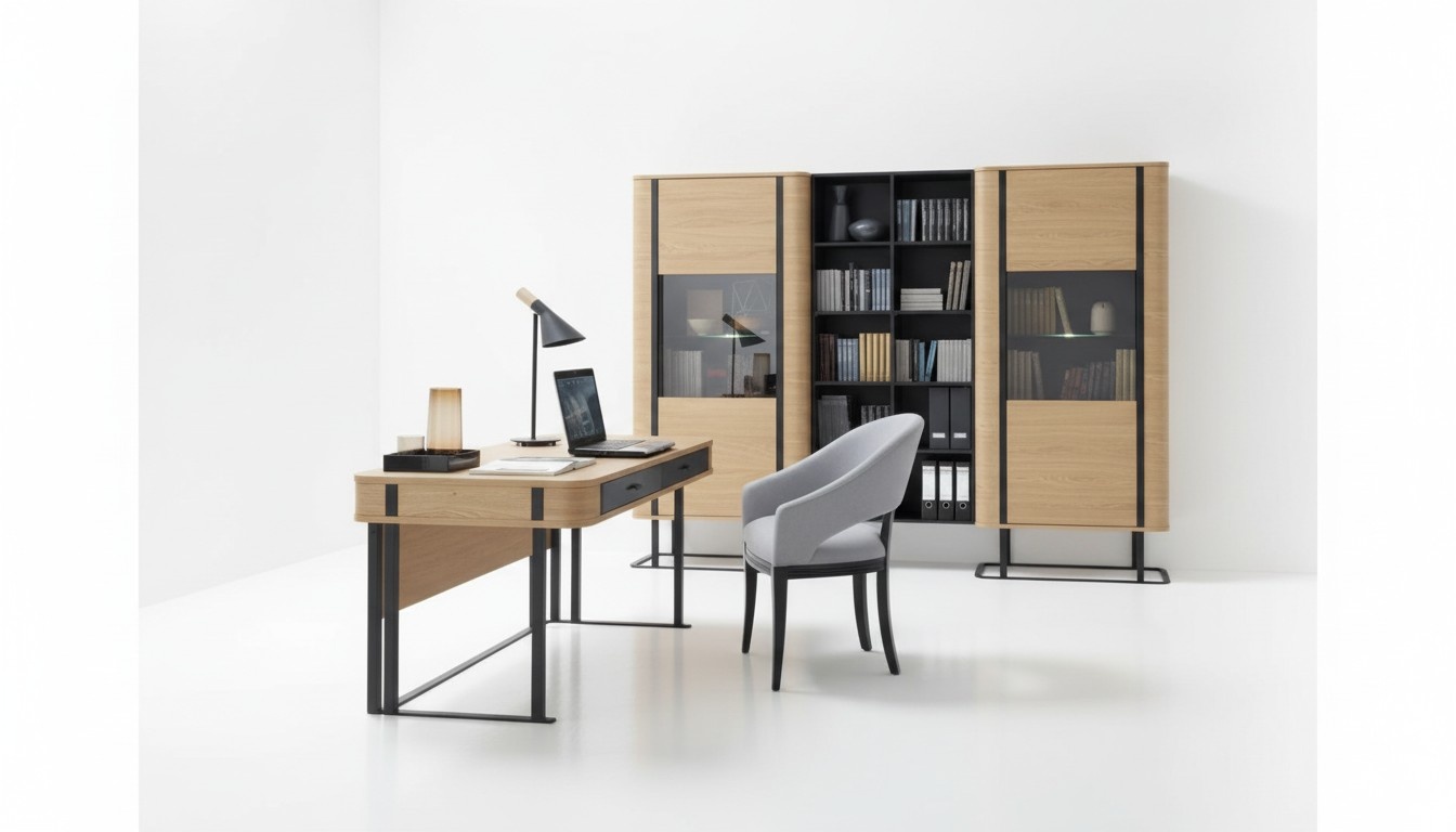 Complete office workspace set desk filing cabinet furniture