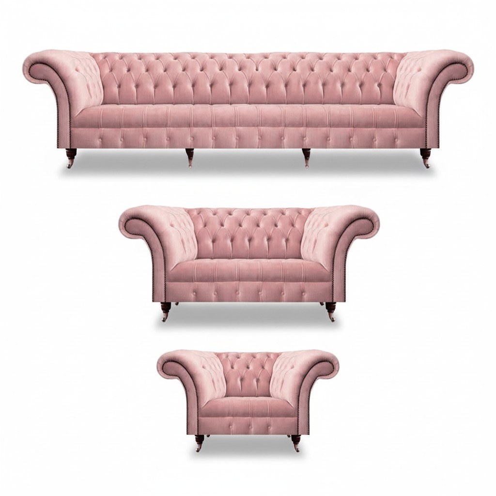 Complete pink sofa set 3 pieces living room Chesterfield upholstered furniture