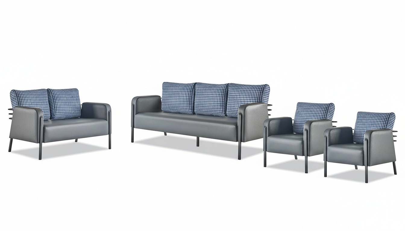 Complete Seating Furniture Set 3-Seater 2-Seater Armchair Gray Blue Leather Upholstery