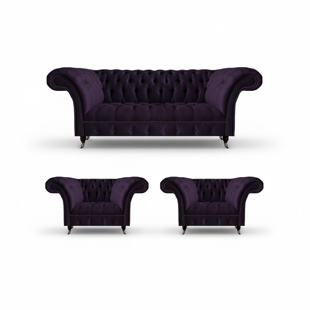 Complete Set 3-piece Sofa Three-seater Fabric Purple 2x Armchairs Chesterfield Furniture
