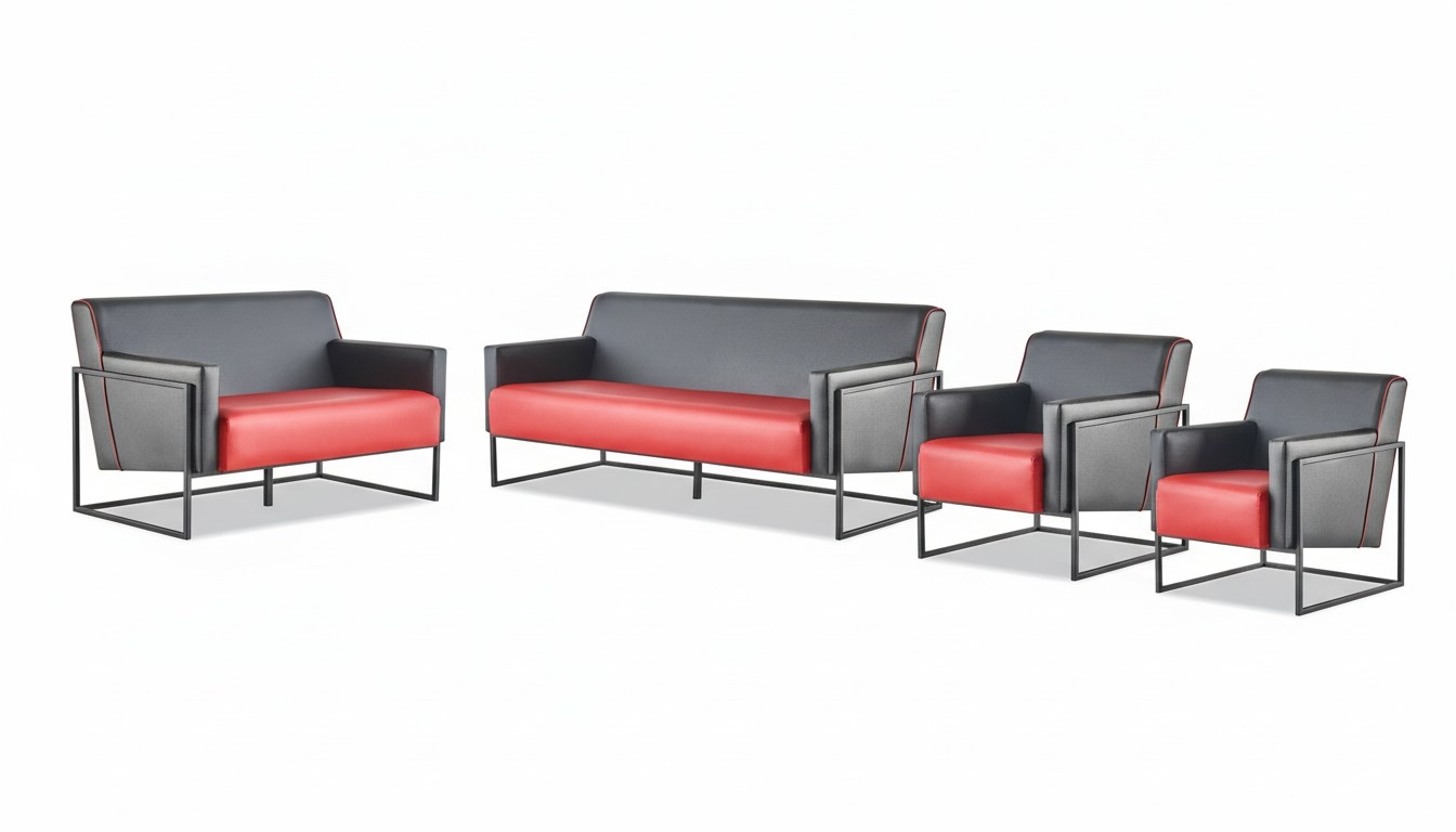 Complete set 3-seater armchair black red sofa set leather stainless steel wood