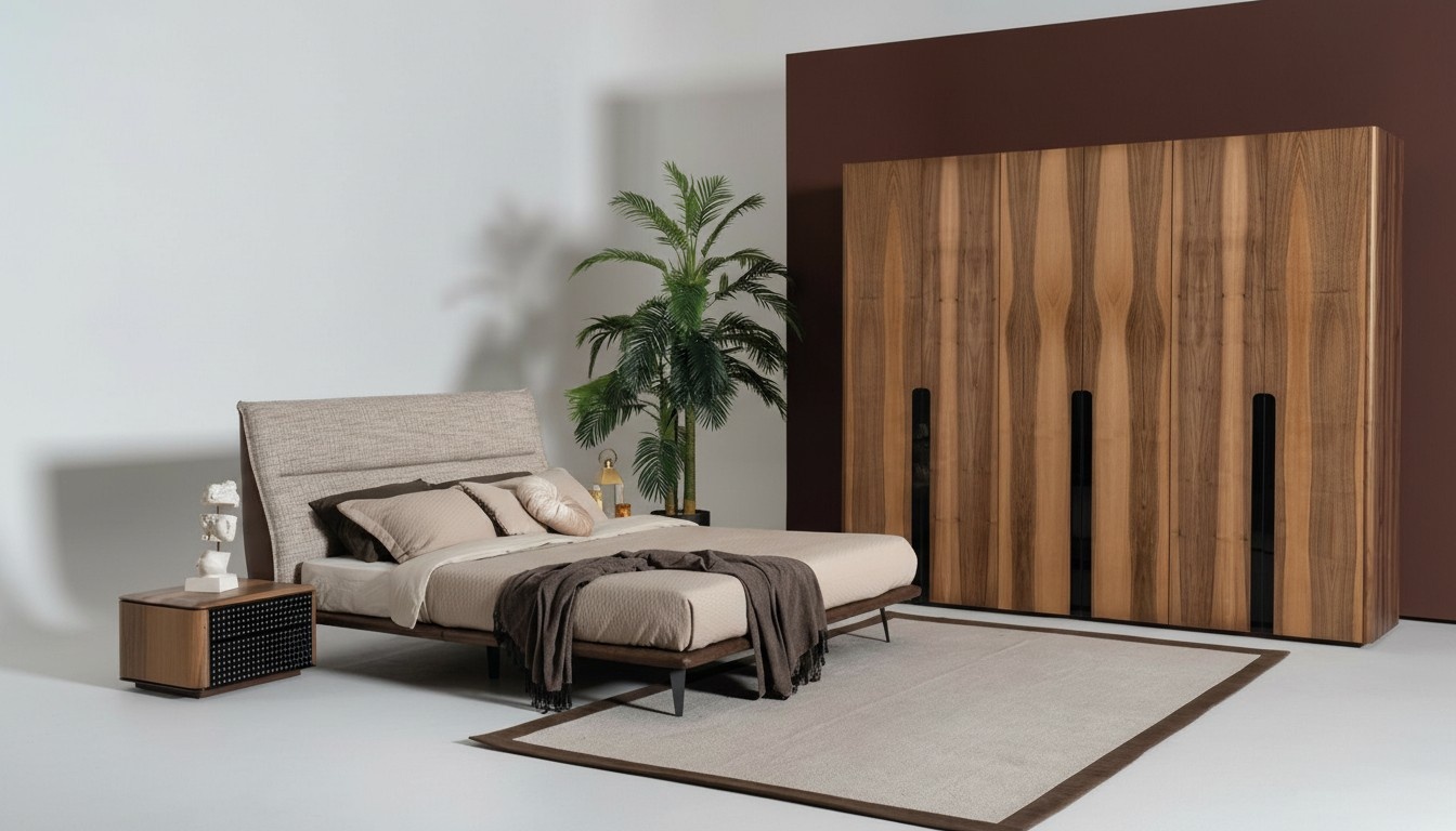 4pcs Design Bedroom Set Bed Wardrobe 2x Bedside Table