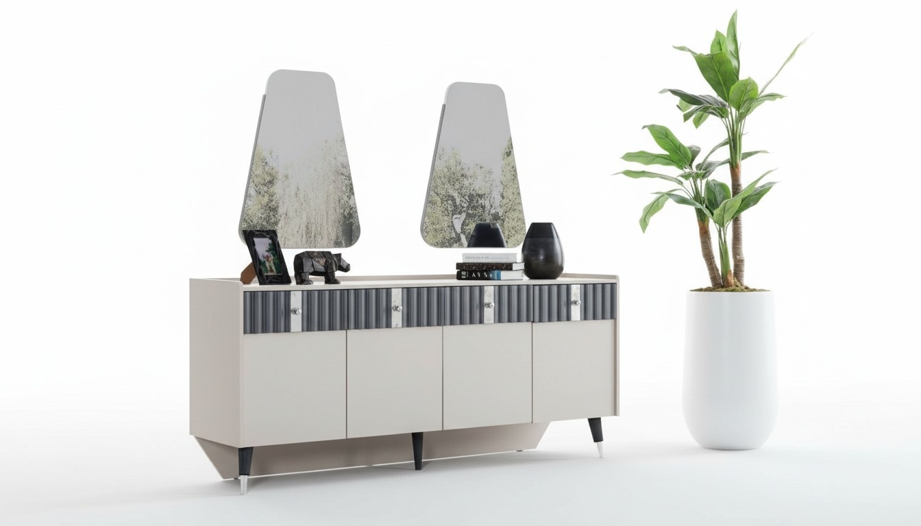 Complete set designer beige sideboard sideobard 2x mirror 3pc set