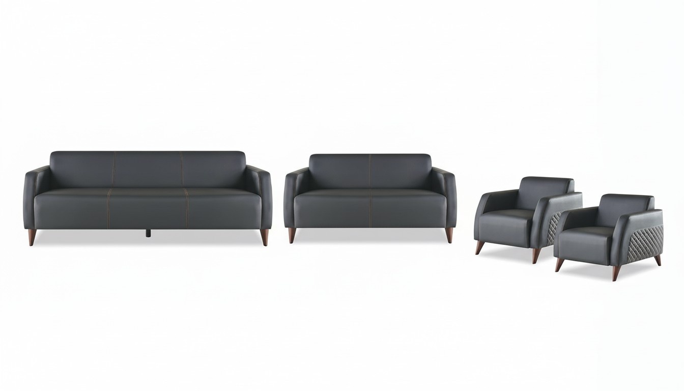 Complete set of seating furniture: 3-seater, 2-seater, armchair, black modern leather, wood.