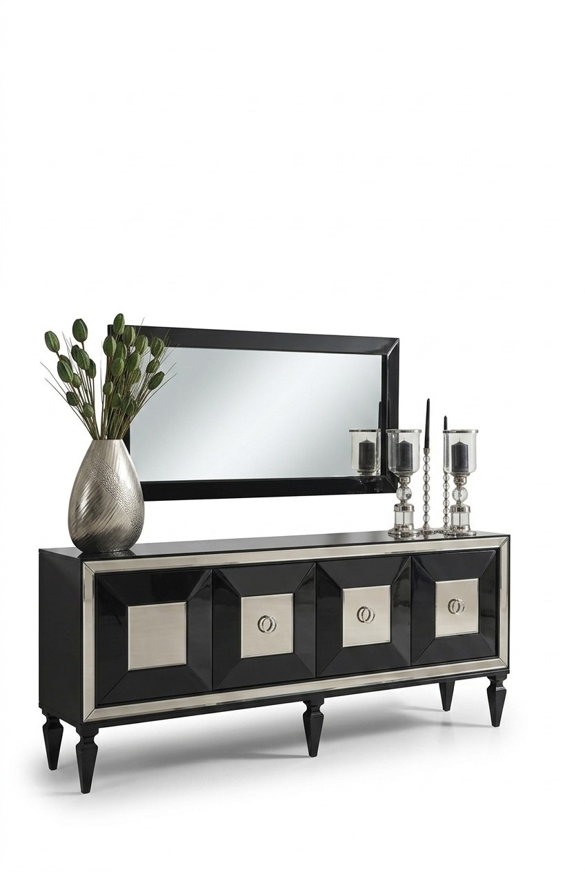 Complete sideboard sideboard cabinet mirror set black wood luxury