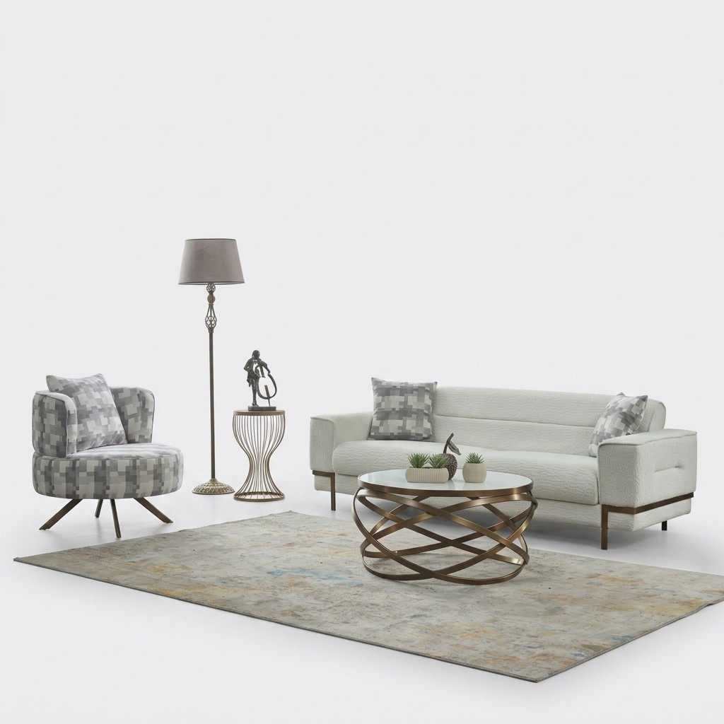 Complete sofa set, three-seater fabric upholstered sofa, white, armchair, 2 pieces.