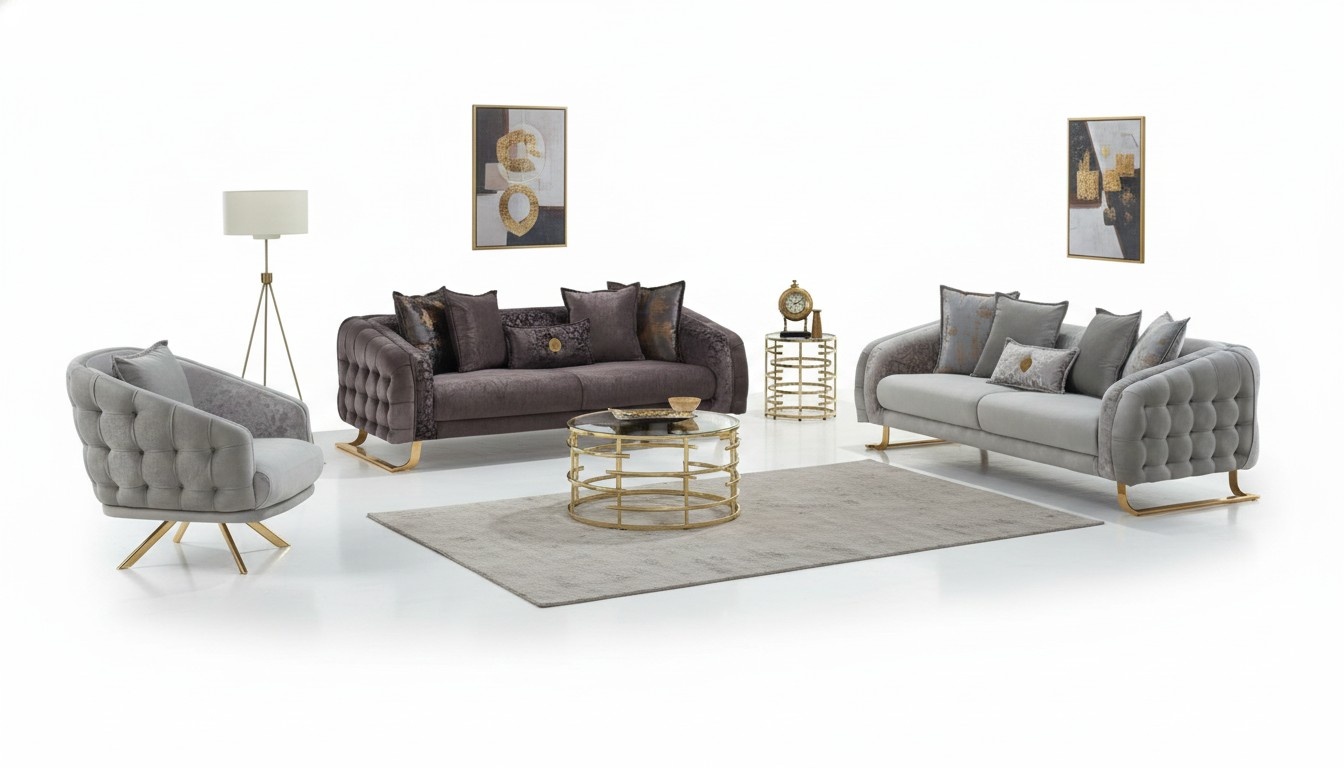Complete sofa set upholstered sofa three-seater fabric sofa armchair gray 3-piece.