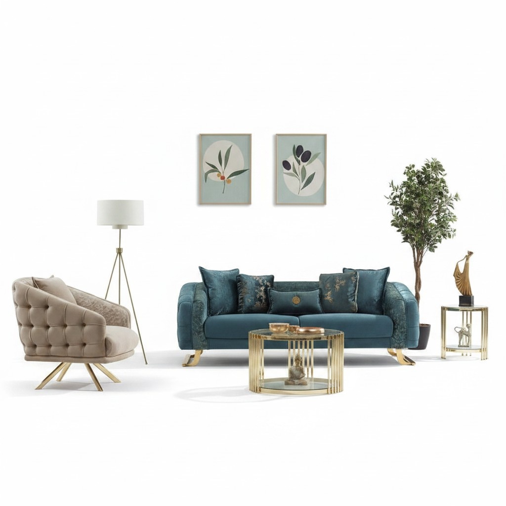 Complete sofa set upholstered sofa three-seater fabric sofa blue armchair.