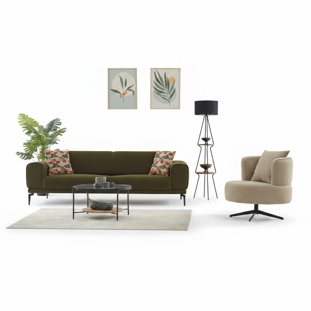Complete couch set upholstered sofa three-seater armchair green fabric sofa