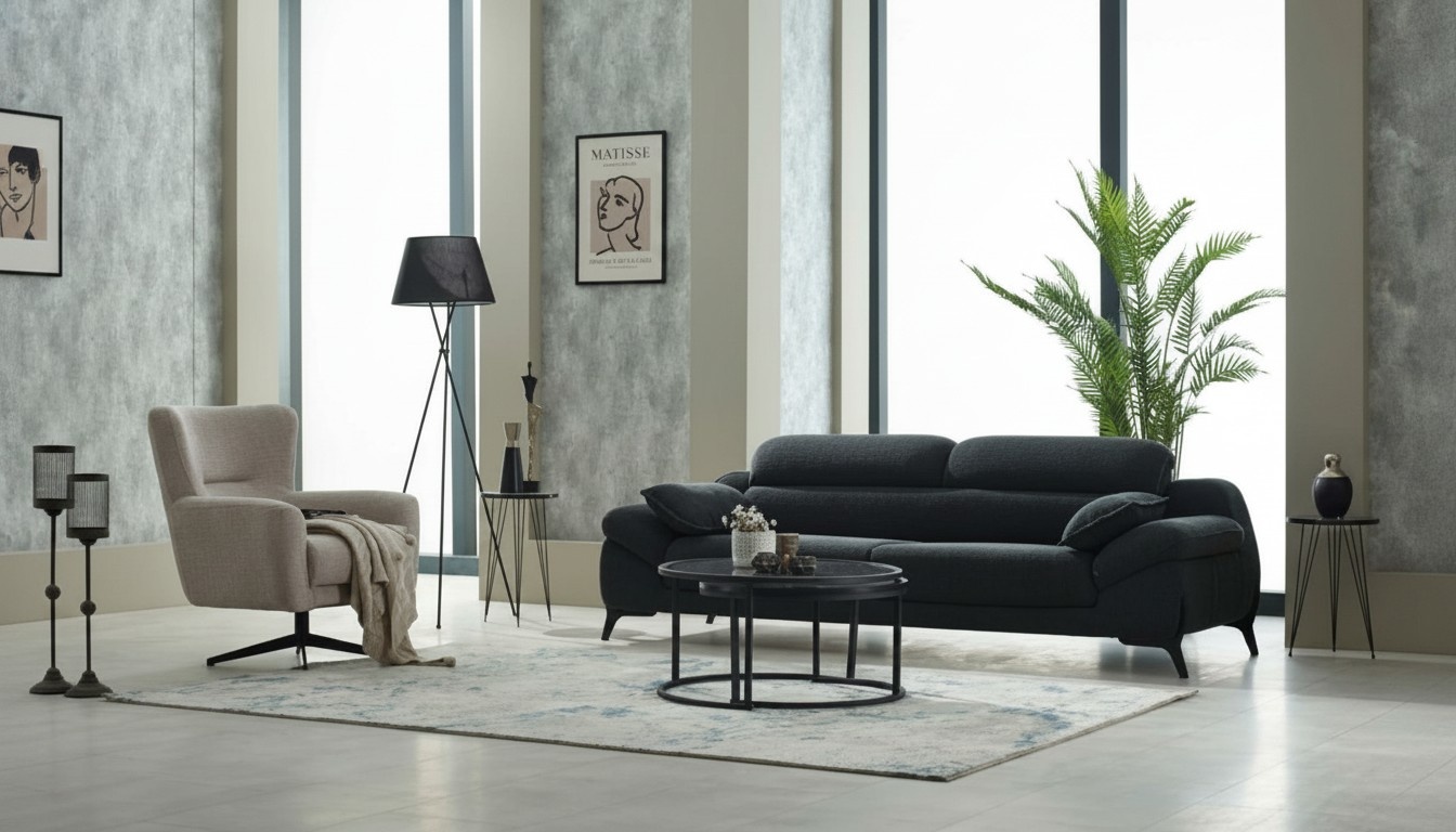 Complete sofa set, upholstered sofa, three-seater, fabric, black, armchair.