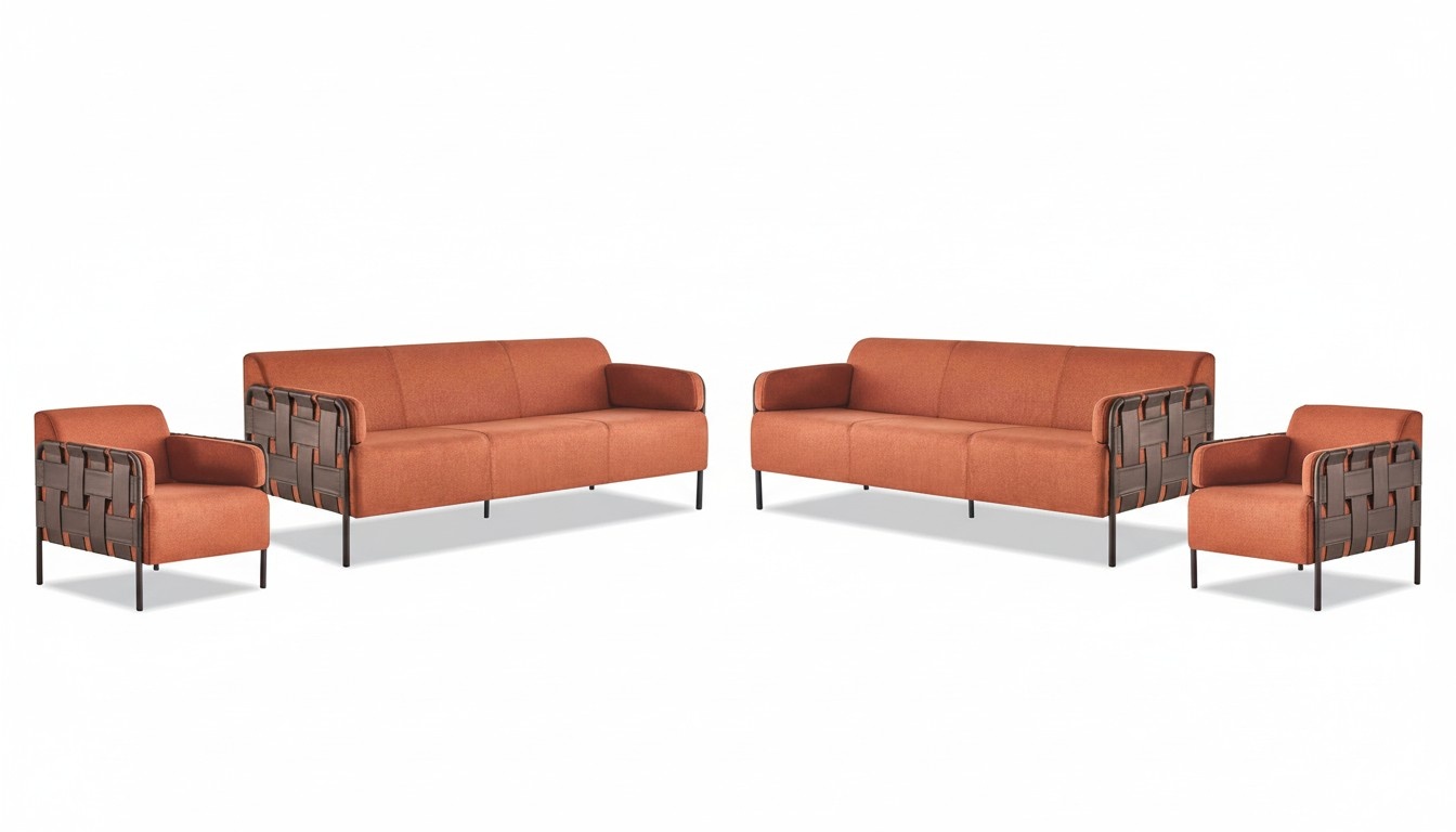 Complete Sofas 3-Seater 2x Armchairs Orange Couch Leather Textile Stainless Steel