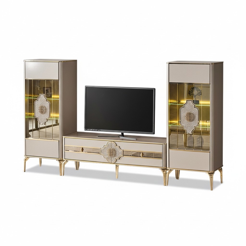 Complete TV stands vitrines sideboard 3-piece cabinet RTV beige wood