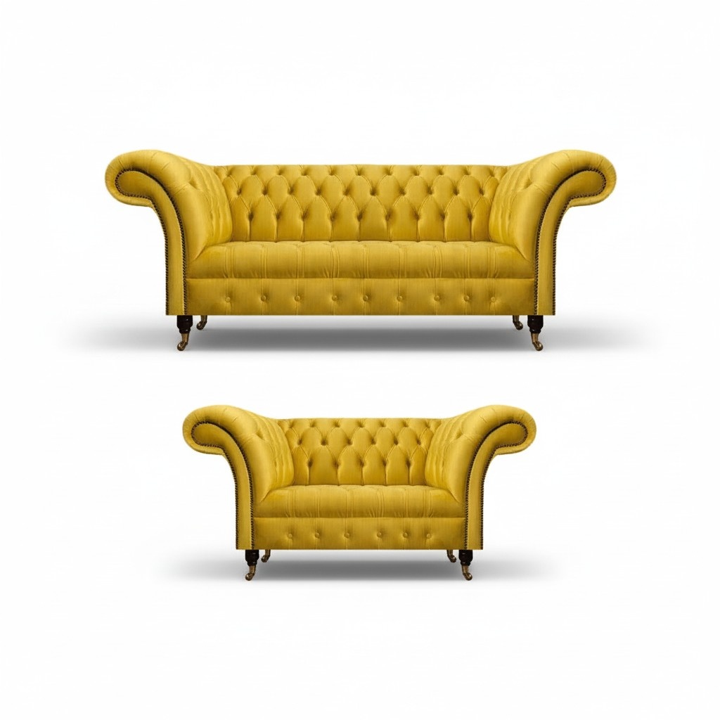 Complete yellow Chesterfield set elegant three-seater two-seater couch