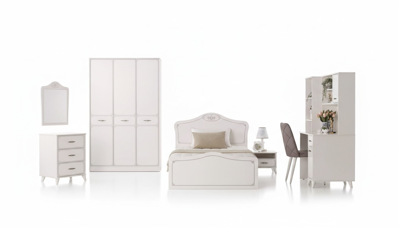 Complete youth bed functional bed extendable set 8 pcs wood white