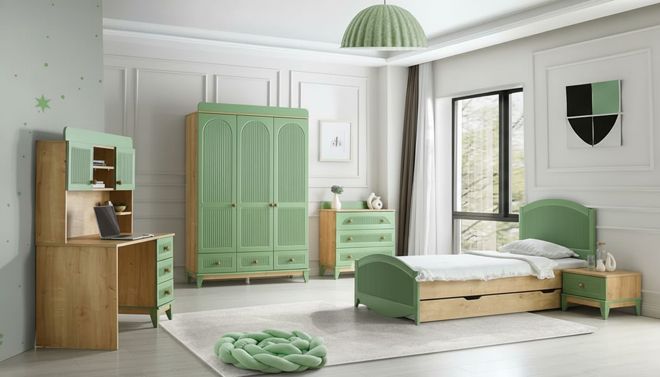 Complete youth room children\'s room set wardrobe dresser desk 5 pieces.