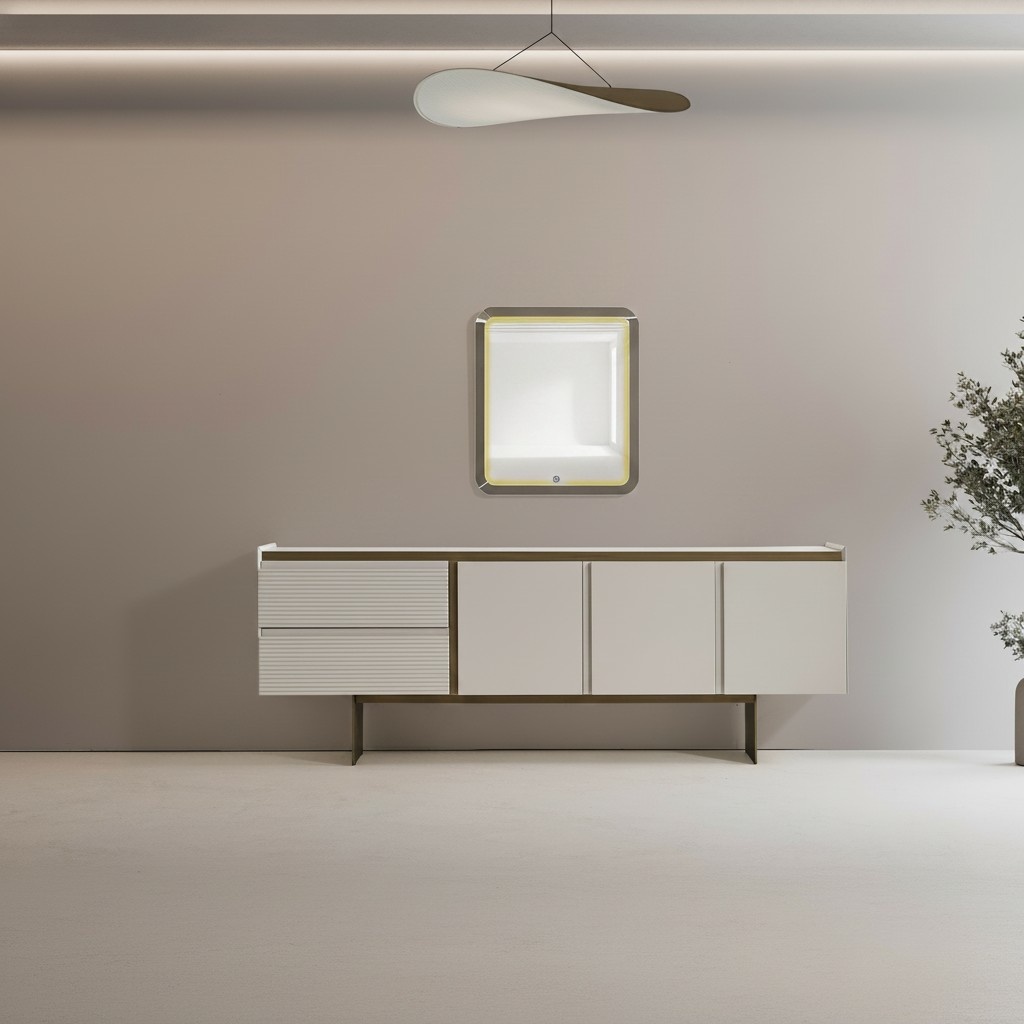 Console with a wooden mirror in beige tone, elegant style.