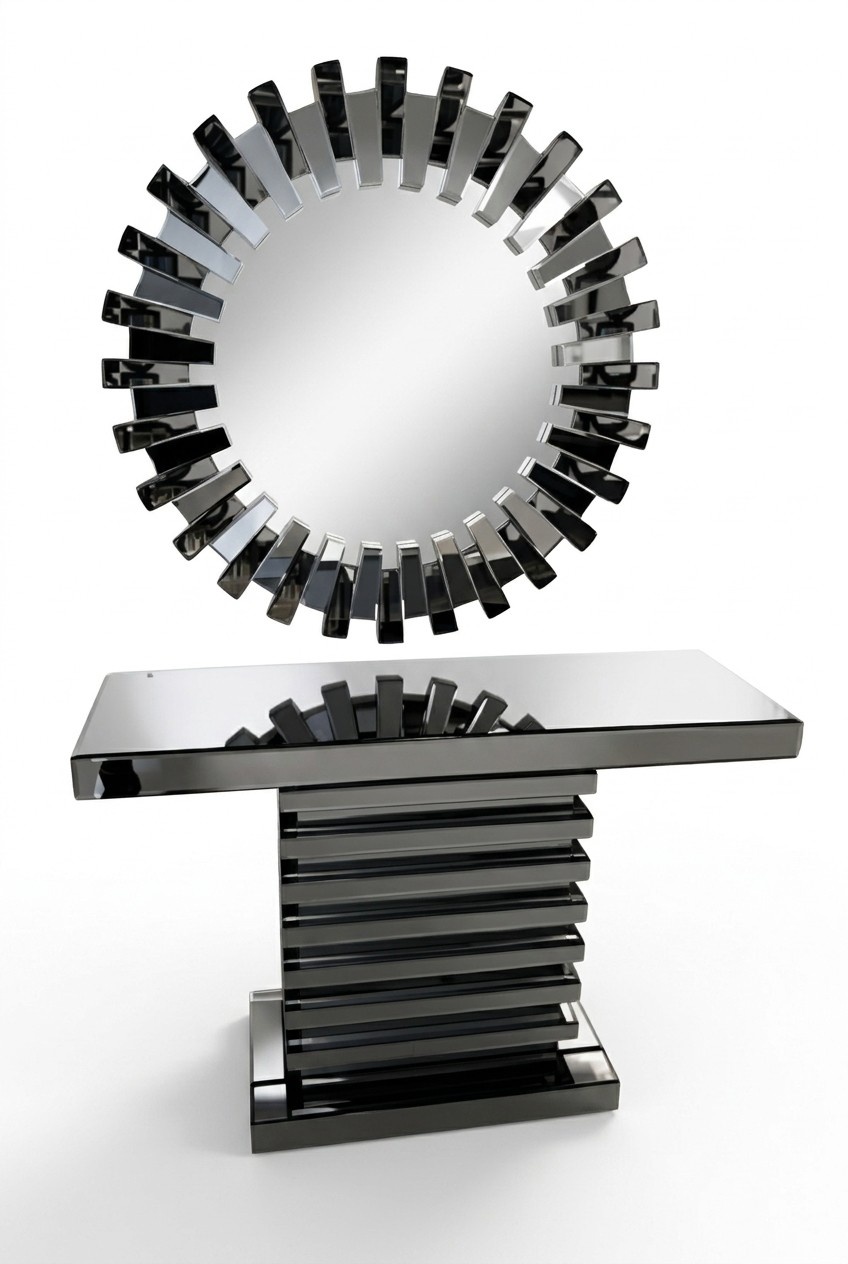 Console with Mirror Gray Wood Modern Elegant