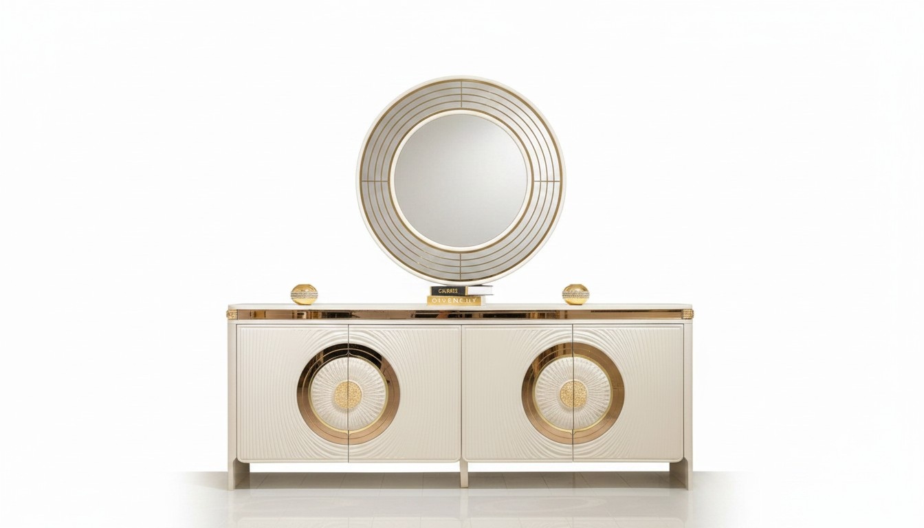 Console with mirror in beige wood, modern elegant design.