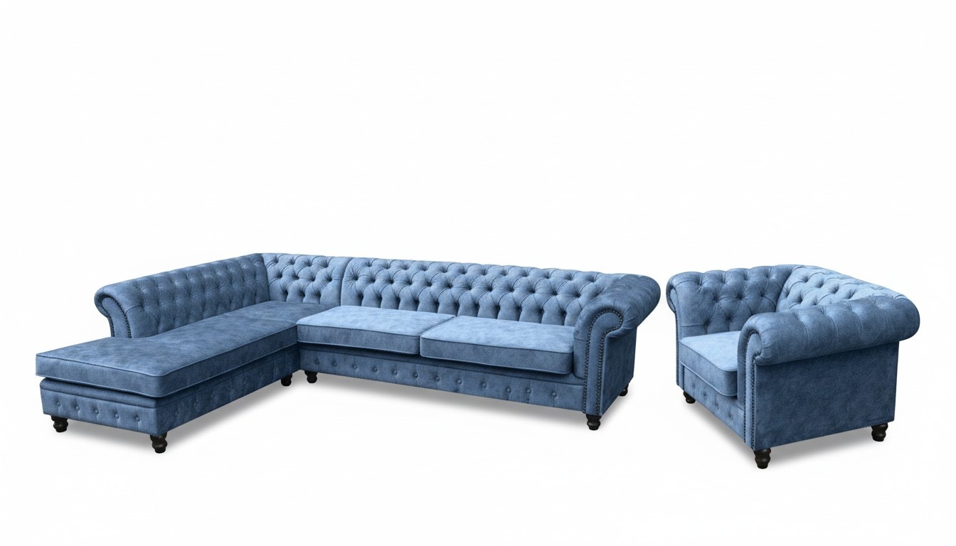 Corner Sofa Couch Upholstery Chesterfield Design Luxury Furniture Set with Armchair