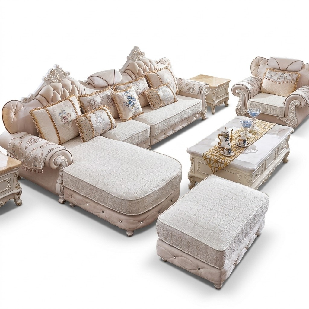 Corner Sofa L Shape Armchair Stool Wood with Textile Baroque Rococo