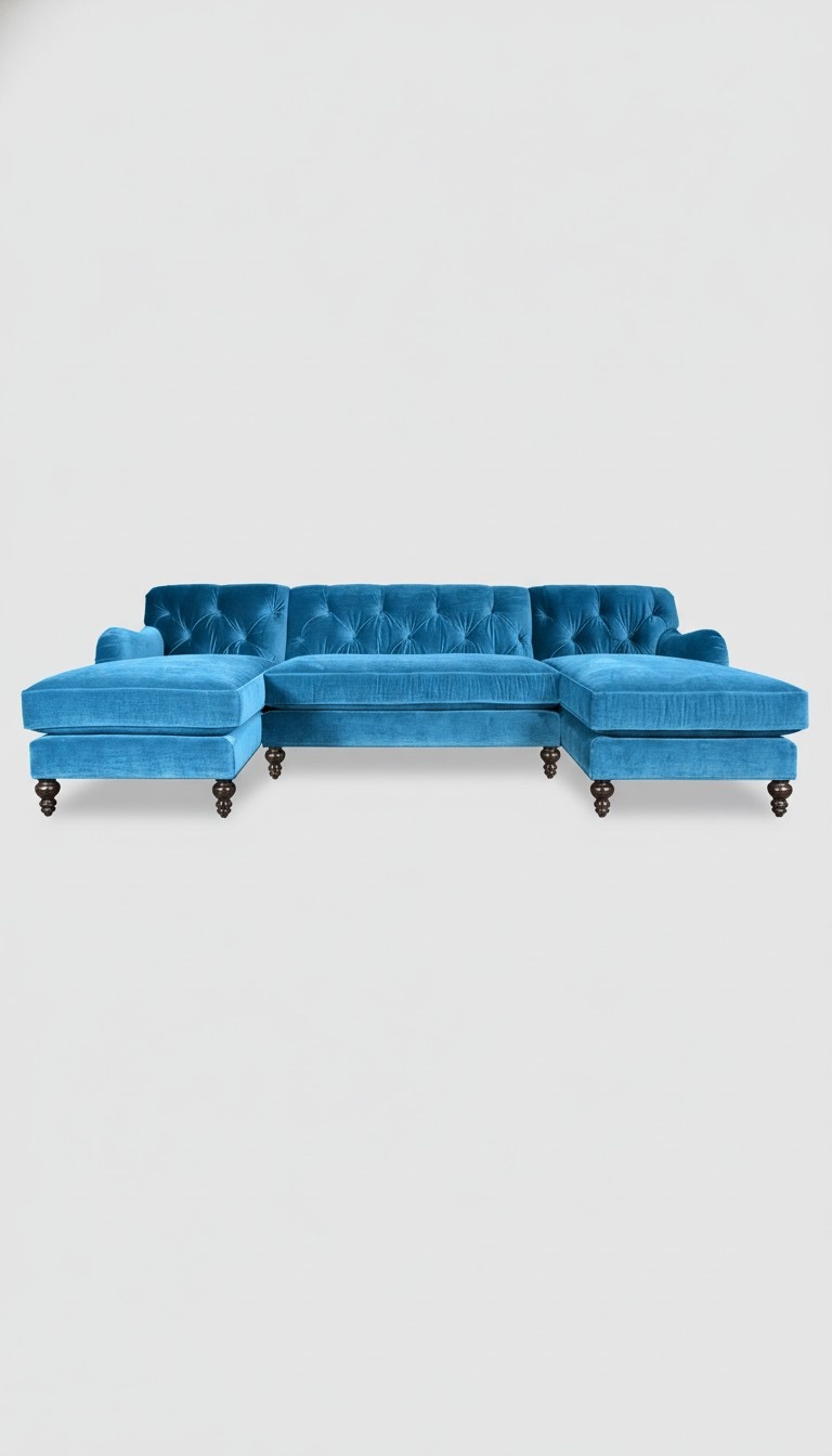 Chesterfield Corner Sofa U-Shaped Ocean Blue Textile Living Room Comfortable Couch New