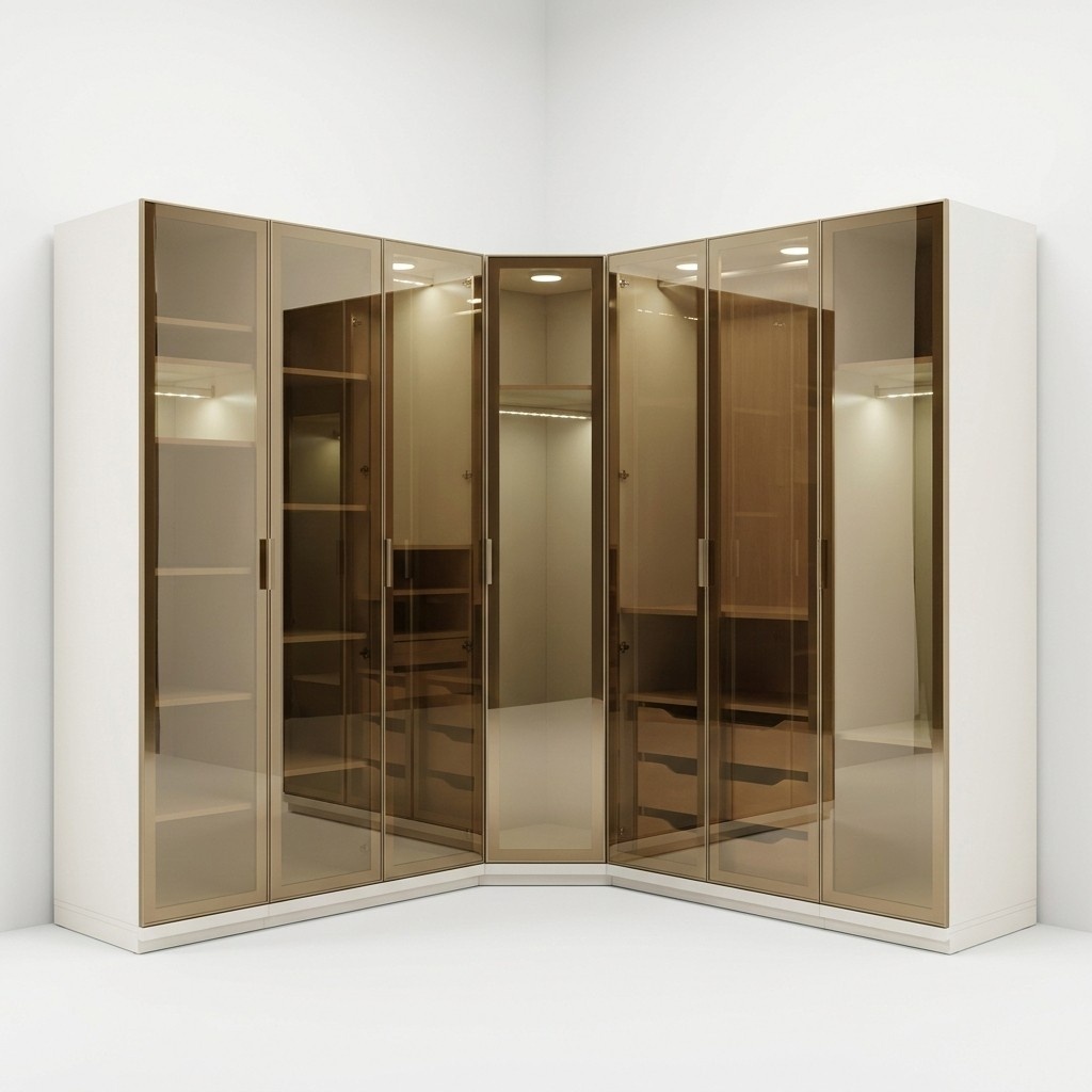 Modern corner wardrobe with tinted glass, large design for the bedroom.