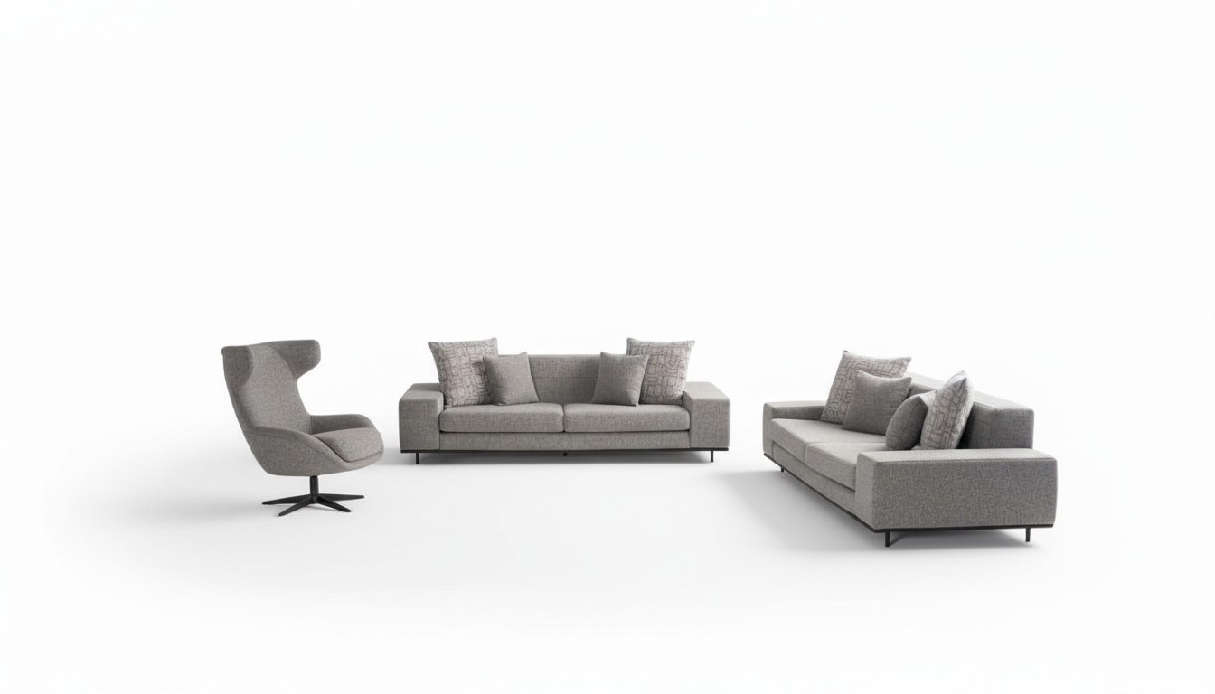 Living room set with couch furniture: 2 sofas, 3-seater armchair, coffee table, gray.