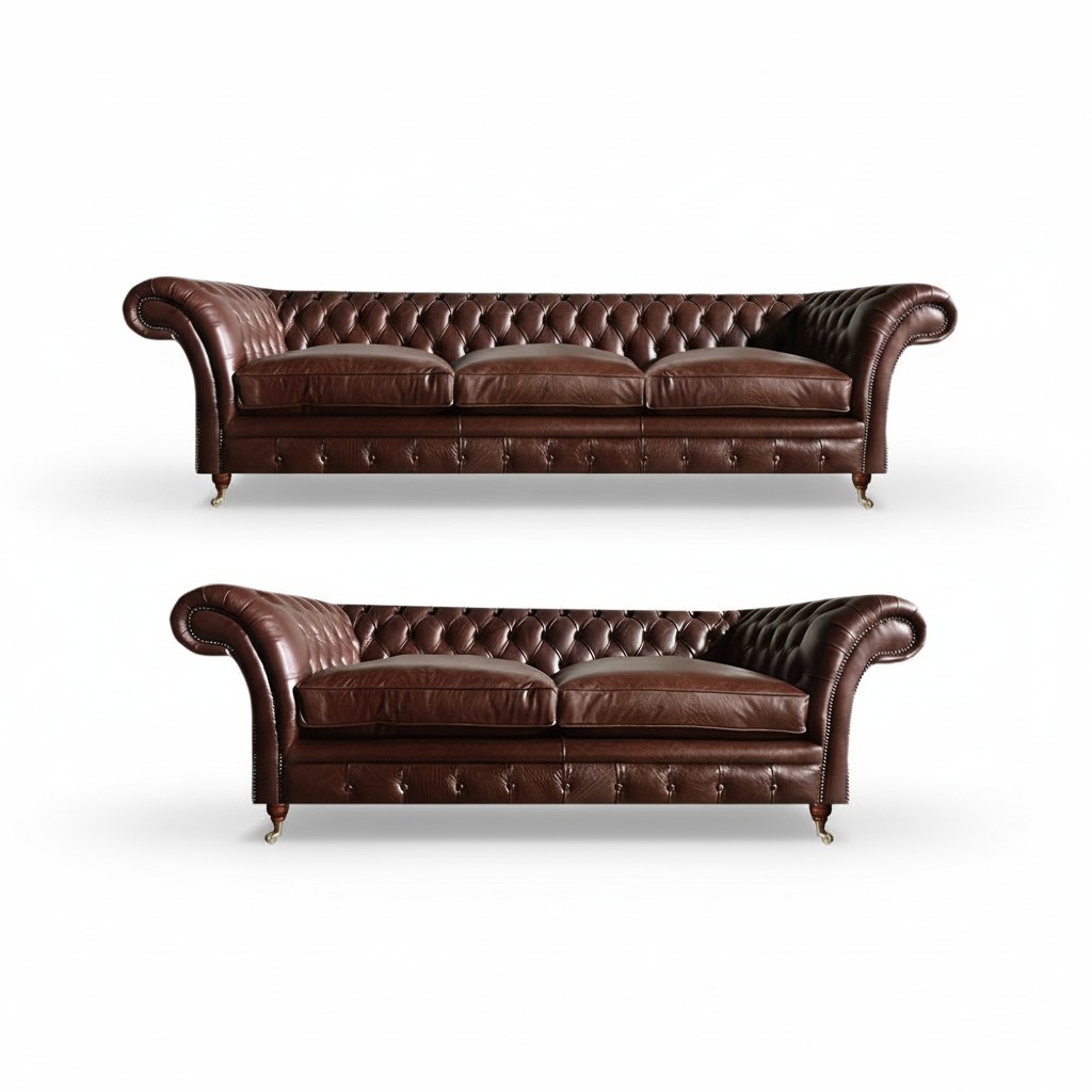 Brown leather sofa set 3+2 seater Chesterfield living room