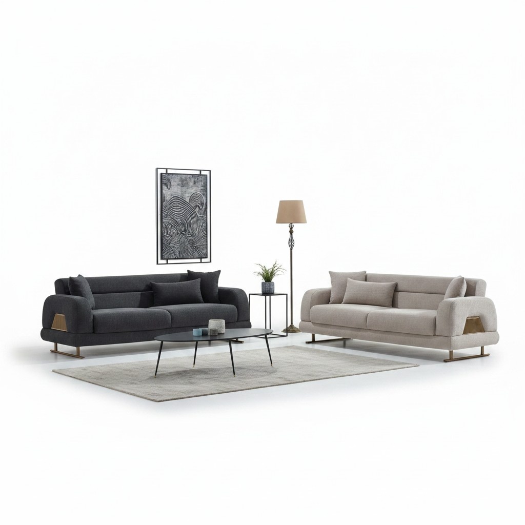 Sofa set, upholstered sofa, three-seater fabric sofa, 2 pieces, black beige.