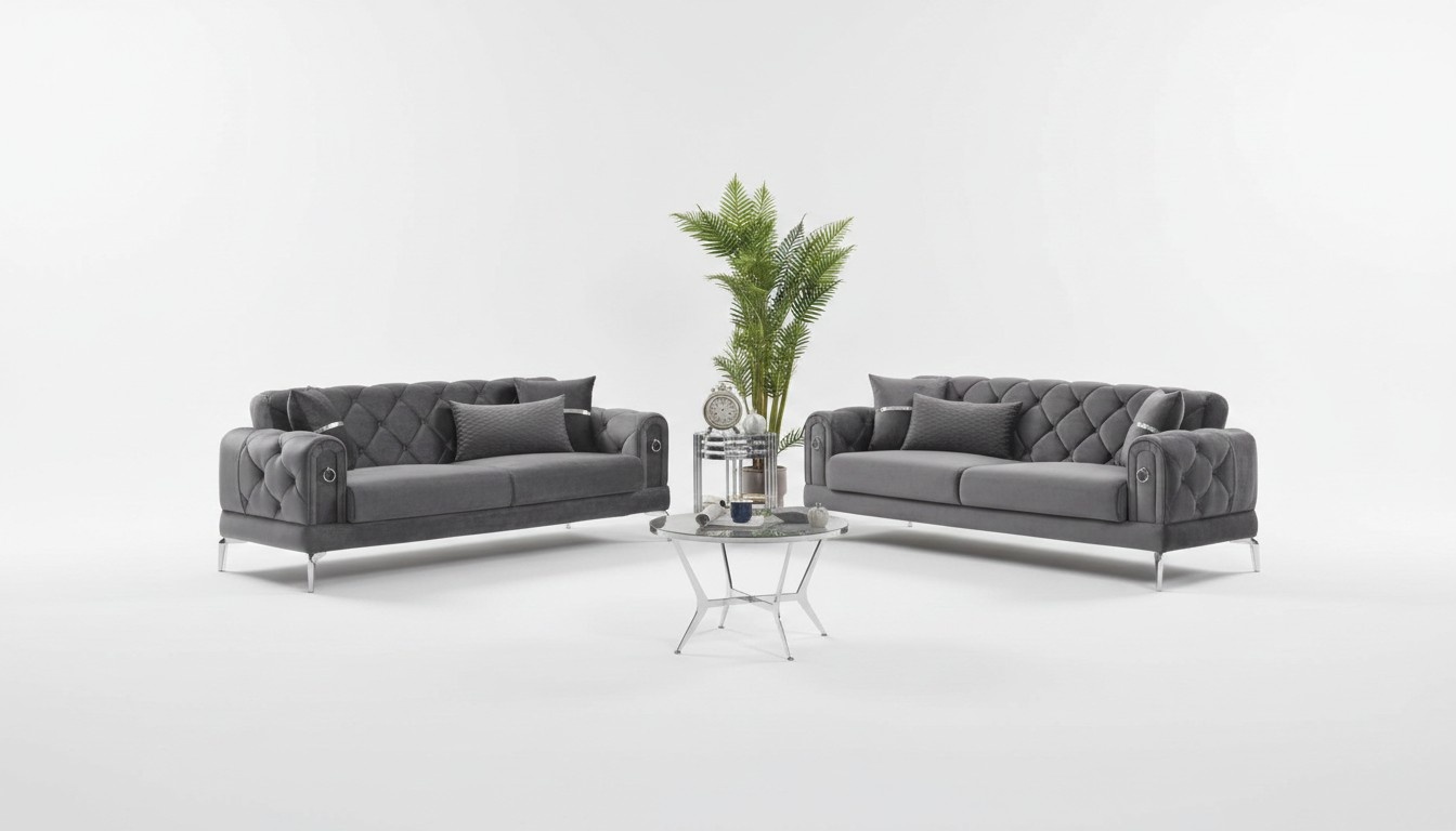 Sofa set, upholstered sofa, three-seater fabric sofa, gray, 2-piece couch.