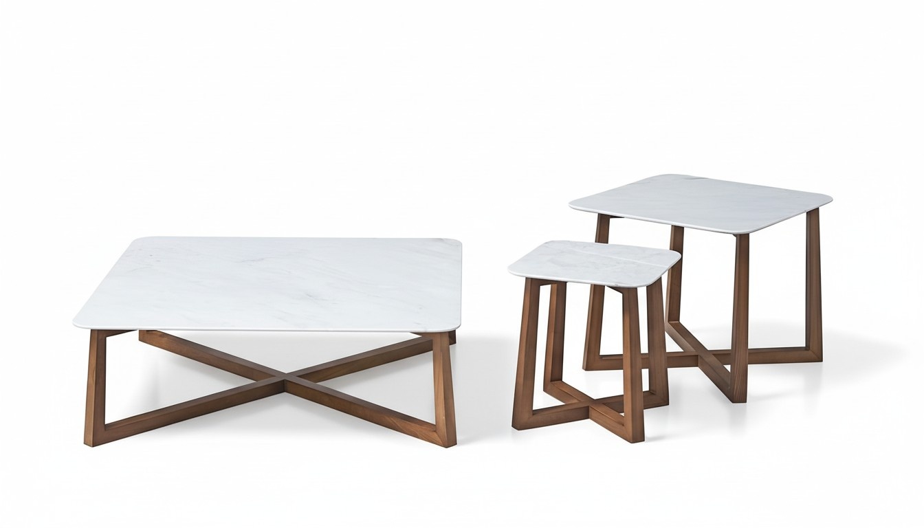 Couch Table Stone Marble Artificial Stone Wood Set of 3 Sofa Side Tables Set