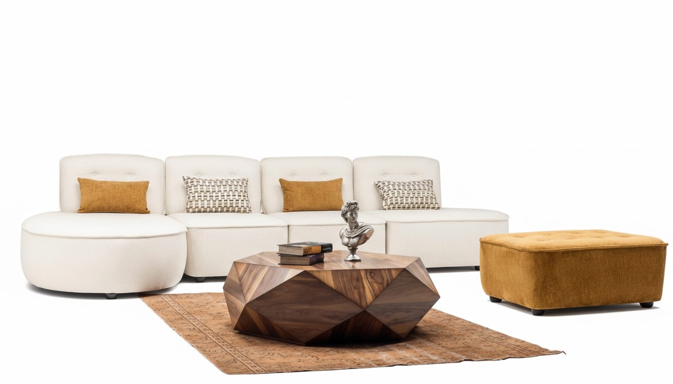 XXL Couch 4-seater sofa with ottoman living room set modular beige textile