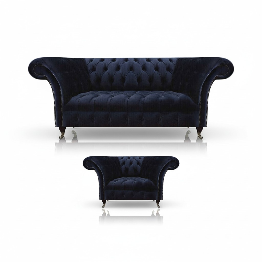 Dark blue Chesterfield living room set, armchair and 3-seater, 2 pieces.
