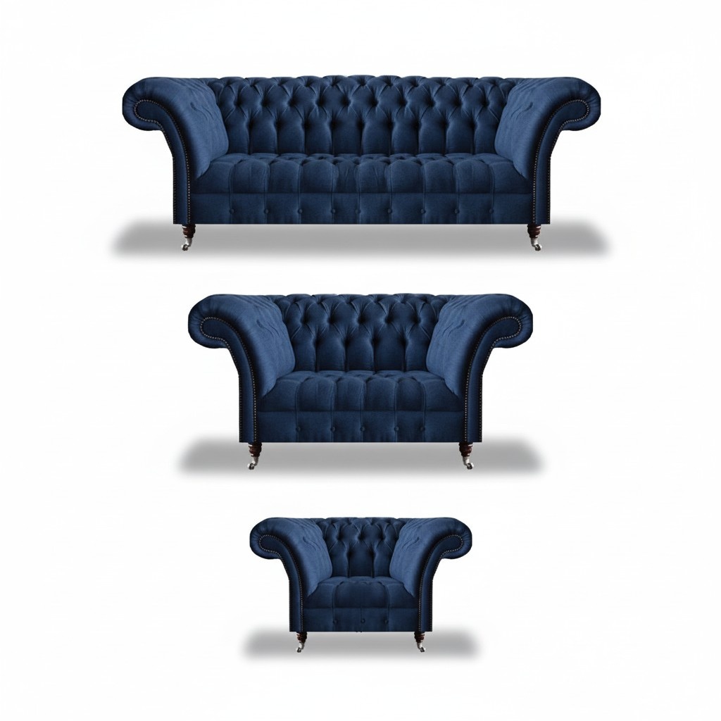 Dark blue Chesterfield upholstered suite living room three-seater 2-seater