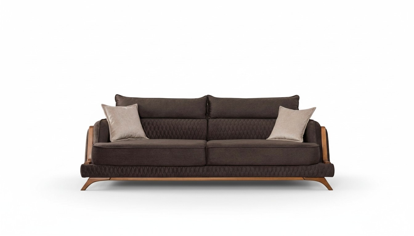 Dark Brown 3-Seater Sofa Fabric Cover Wooden Details Retro Scandinavian Style Living Room