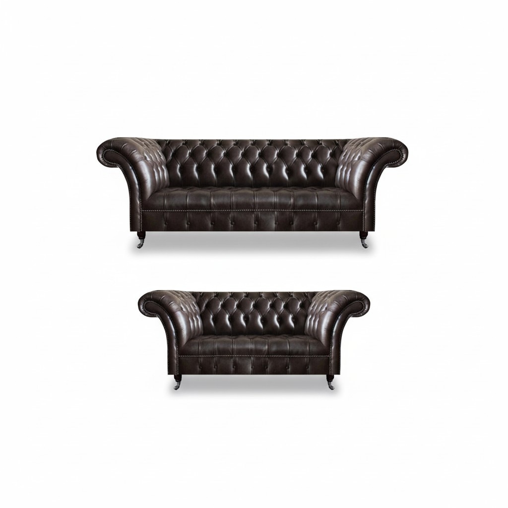 Dark brown Chesterfield leather sofas Modern three-seater 2-seater furniture