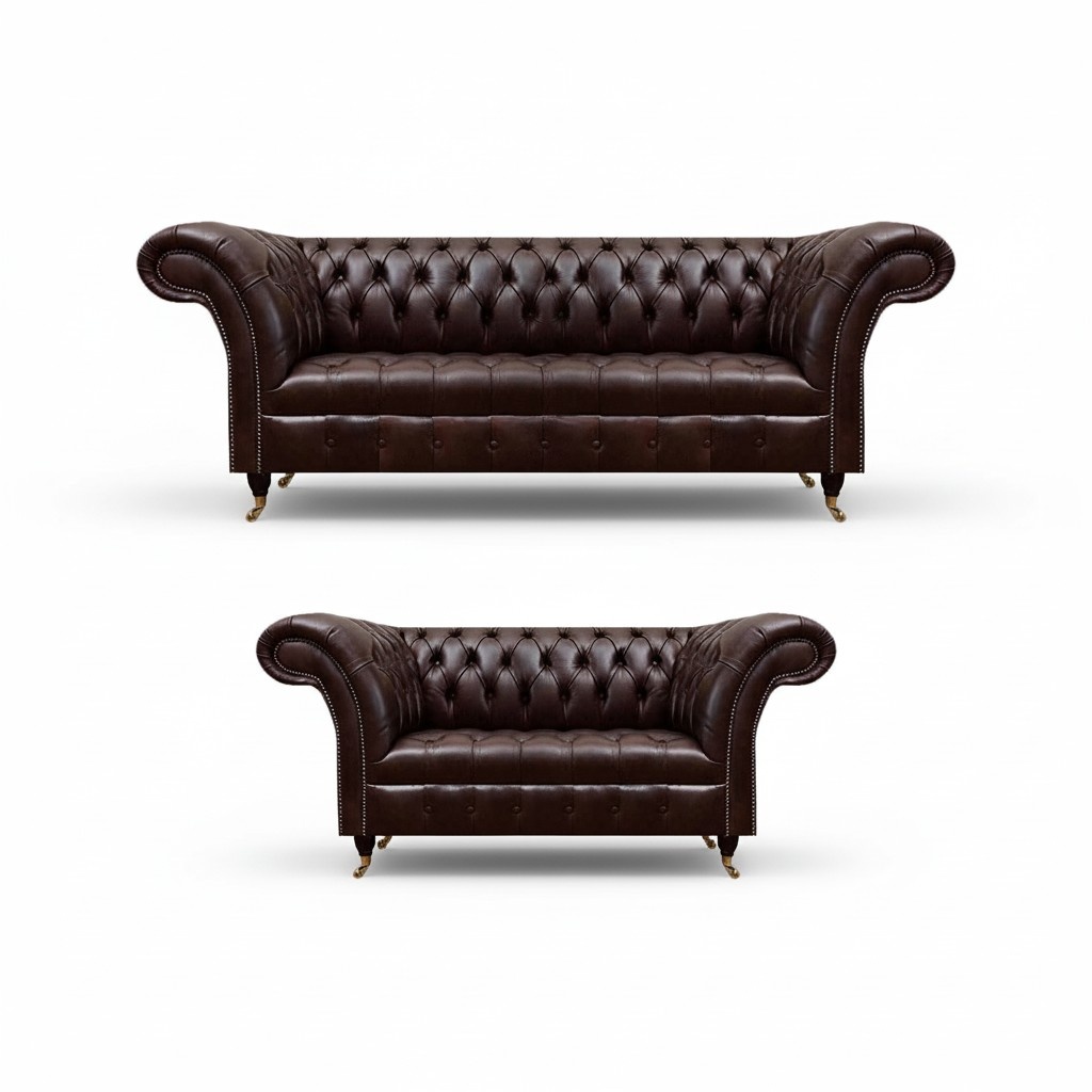Dark brown Chesterfield leather furniture Modern leather sofas armchairs 2-piece set