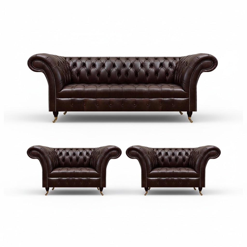 Dark brown Chesterfield sofa set complete couch and armchair set 3 pieces