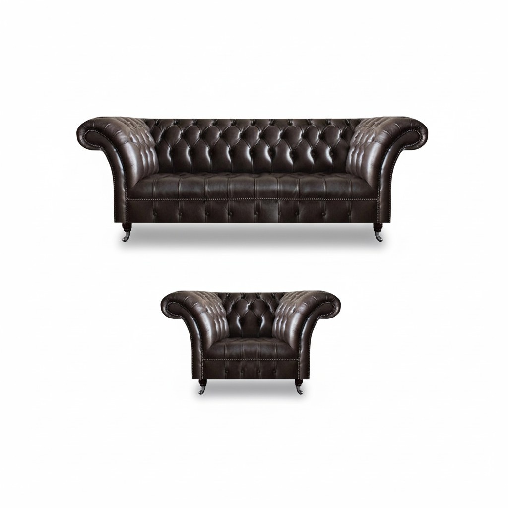 Dark brown Chesterfield furniture leather armchair designer couch 2-piece set