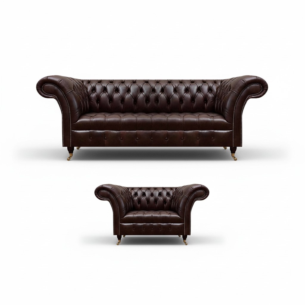Dark brown Chesterfield suite modern three-seater upholstered armchair