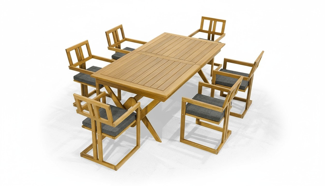 Dark brown garden furniture designer wooden dining table 6x upholstered chairs 7-piece set