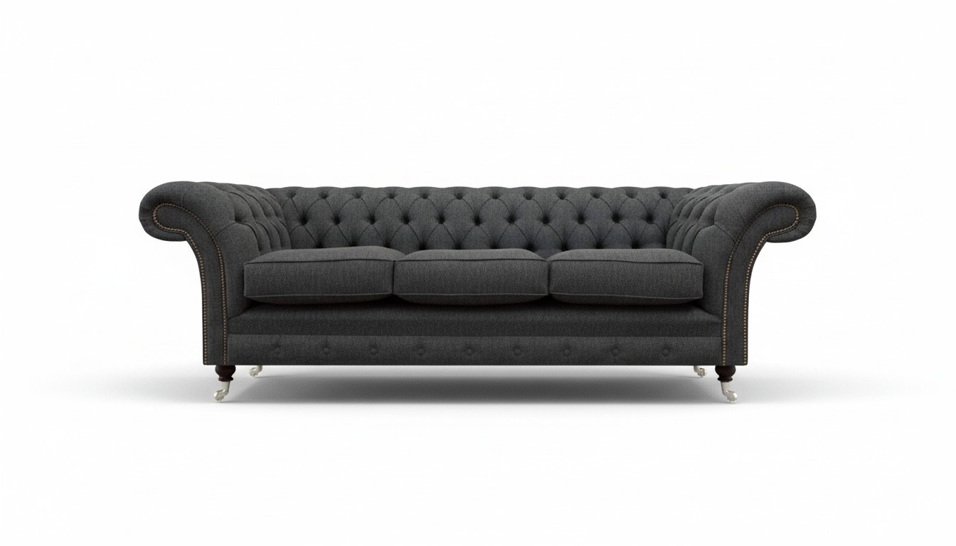 Dark grey Chesterfield fabric sofa living room three-seater elegant seating furniture