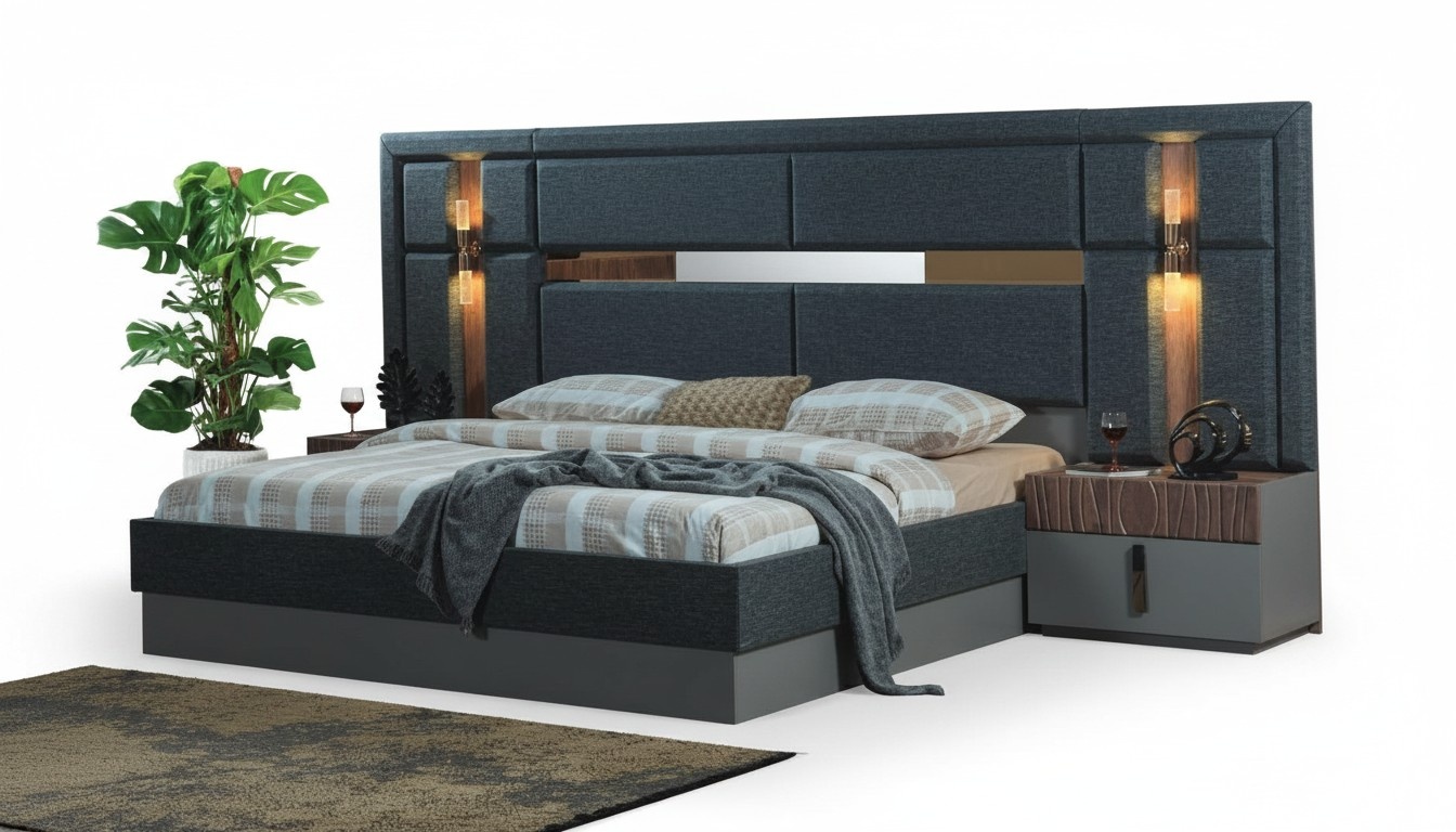 Dark grey double bed Designer wooden bedside tables Bedroom set