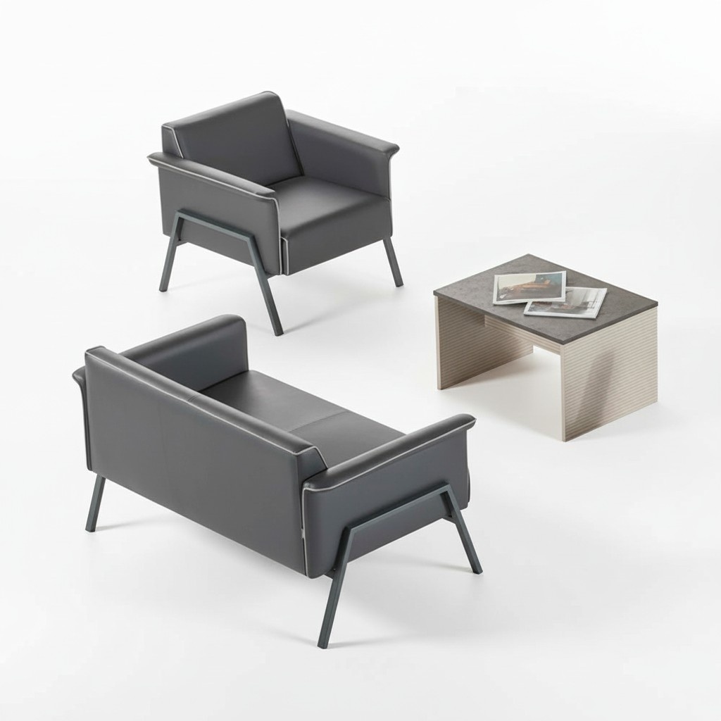 Dark gray home office furniture, elegant coffee table, armchair, 2-seater.