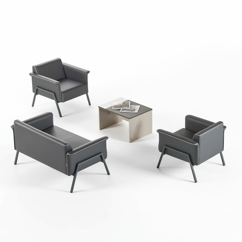 Dark gray office furniture leather 2-seater wooden table 2x armchairs 4-pc set