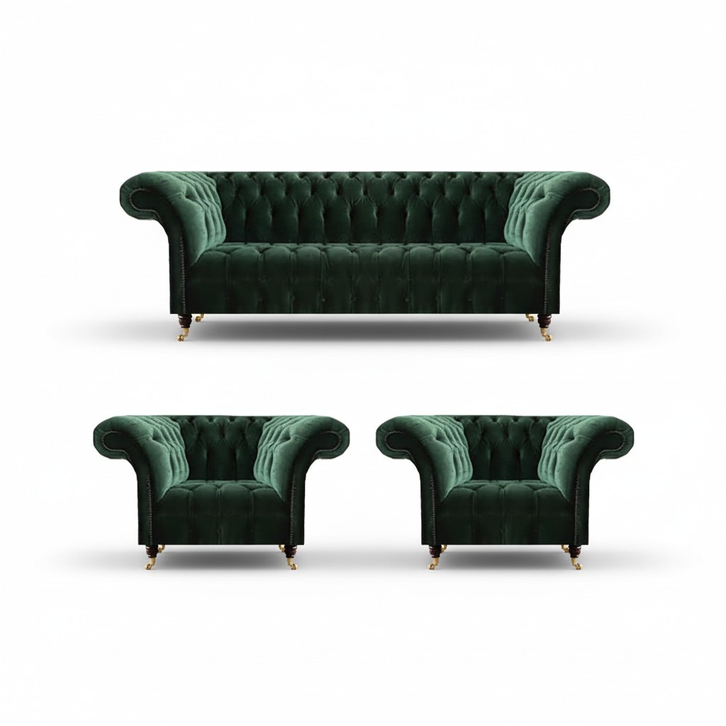 Dark green Chesterfield armchair living room three-seater luxury couch 3-piece set