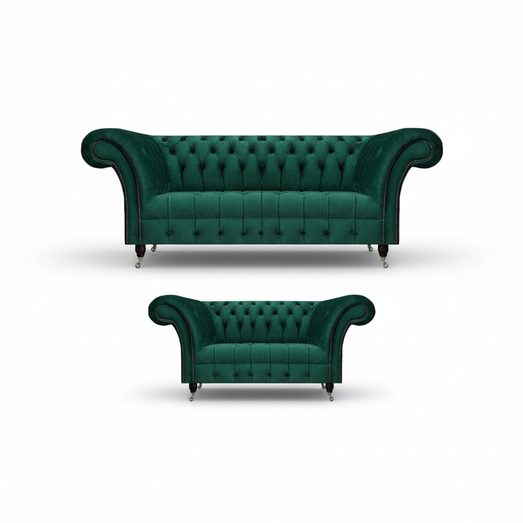 Dark green Chesterfield sofas complete living room couch set 2 pieces