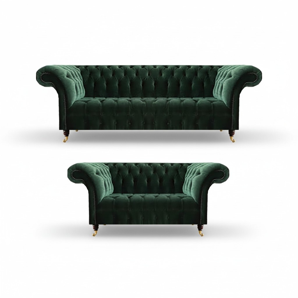 Dark green Chesterfield sofas modern three-seater upholstered couch 2-piece