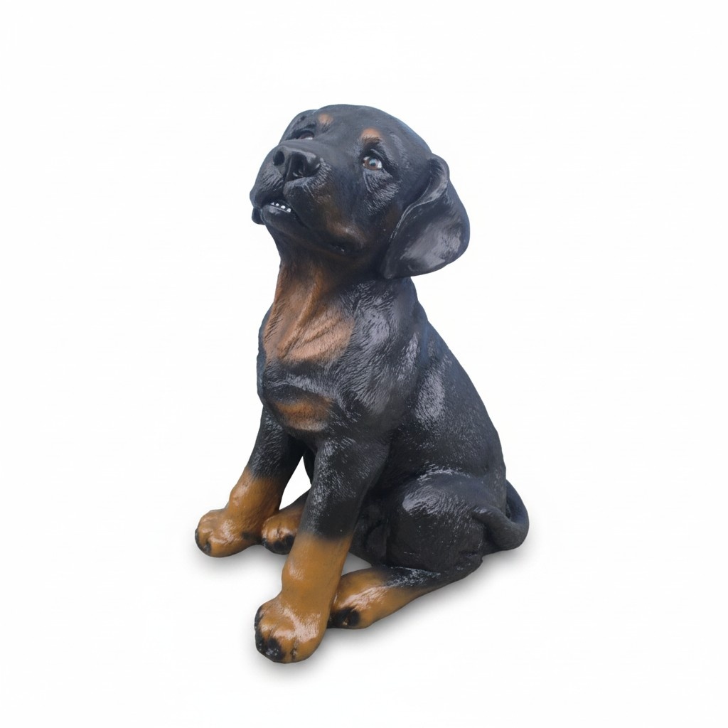 Sculpture designed as an original dark colored sitting rottweiler puppy 30 cm (A24)